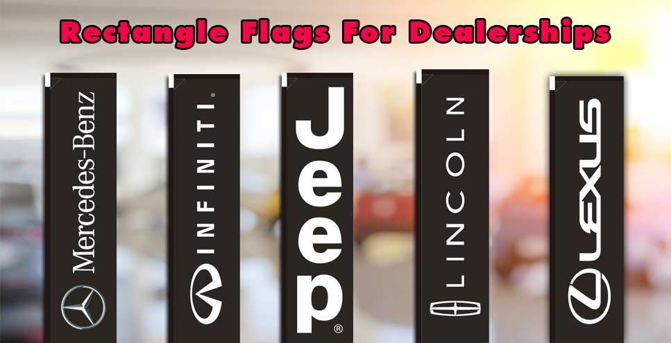 A collection of rectangle flags, with each one featuring a popular automobile brand