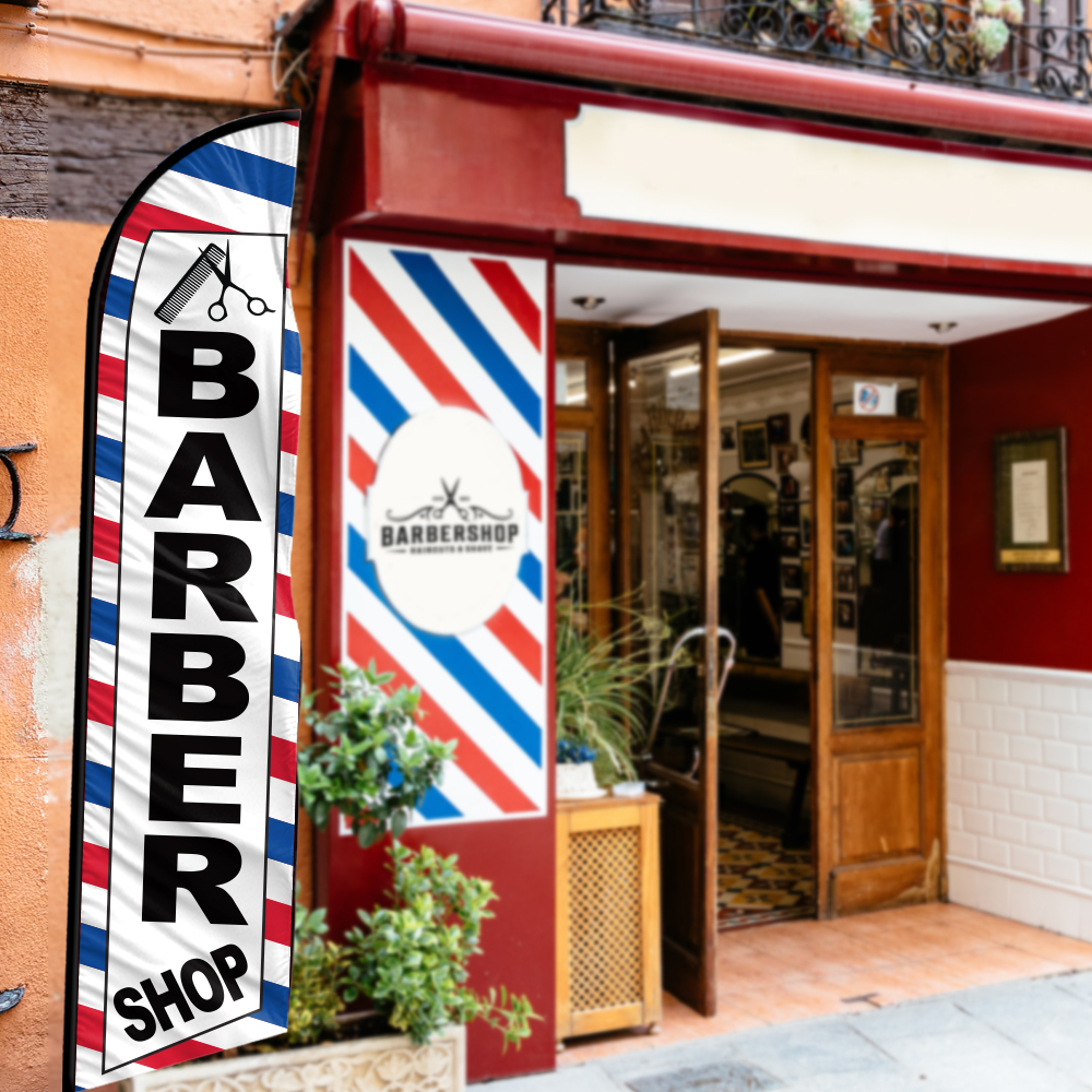 a feather flag for a barbershop