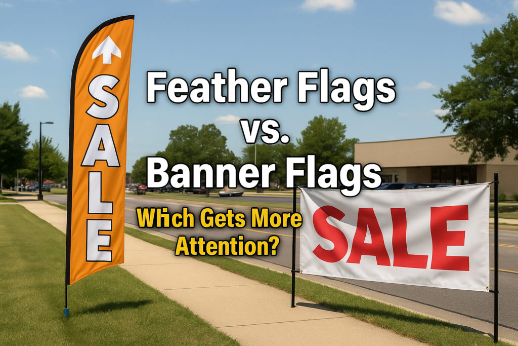 Custom Feather Flags vs. Traditional Banners: Which Gets More Attention? 1 A realistic side-by-side comparison of a custom feather flag and a traditional banner flag displayed outdoors. The feather flag is tall and curved, catching the wind, while the traditional banner is flat and mounted between poles. Both are used to attract attention to an event setup on a sunny day.