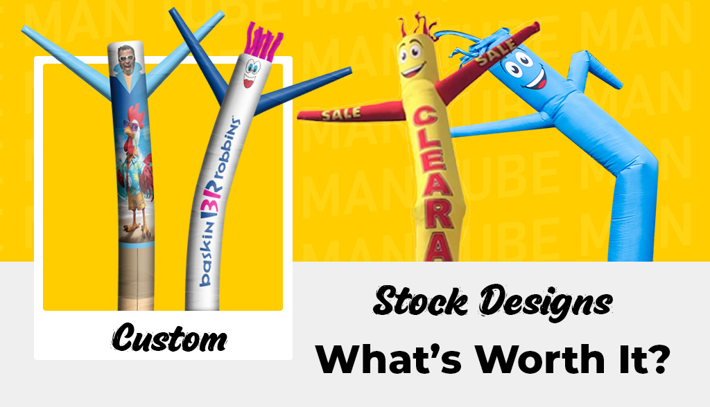 Comparison of custom inflatable tube men and stock air dancer designs used for storefront advertising.