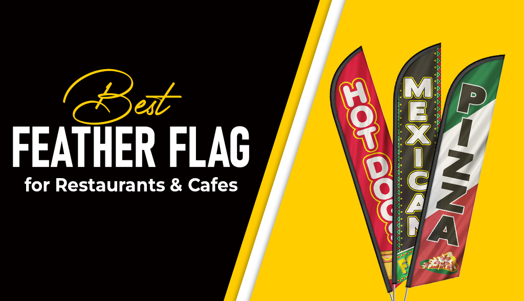 Best Feather Flags for Restaurants & Cafés 3 Feather flags outside a restaurant advertising open hours and daily specials to attract foot traffic.