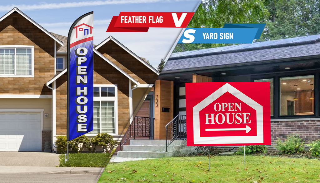 Comparison of open house feather flags and yard signs displayed in front of a residential property.