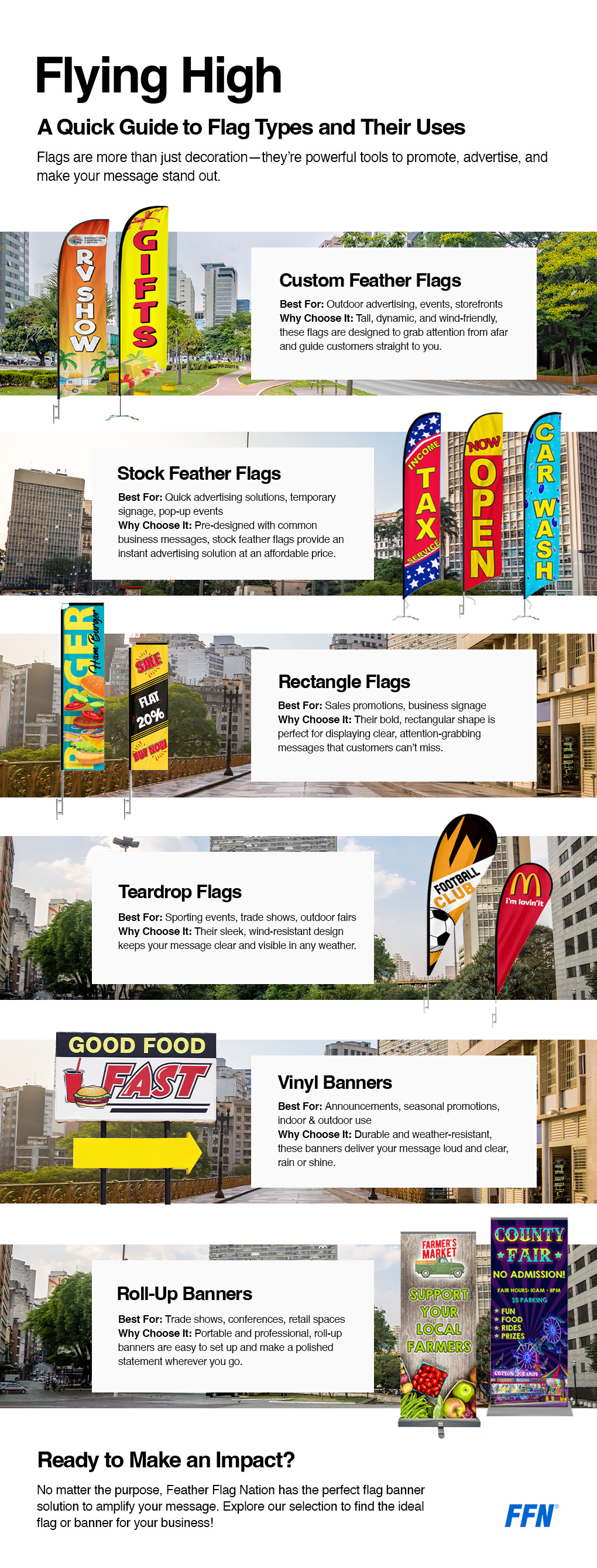 The Different Types of Advertising Flag Banners & Their Purposes 6 A guide to different types of advertising flags, including custom feather flags, stock feather flags, rectangle flags, teardrop flags, vinyl banners, and roll-up banners. Each section highlights the best uses and benefits of each flag type, with accompanying images of various flag designs in outdoor settings.