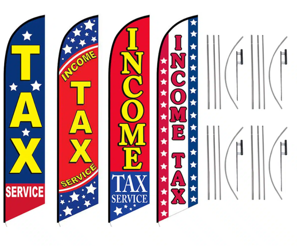 four tax-related custom feather flags