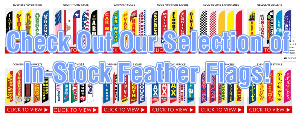 In-stock feather flags graphic.