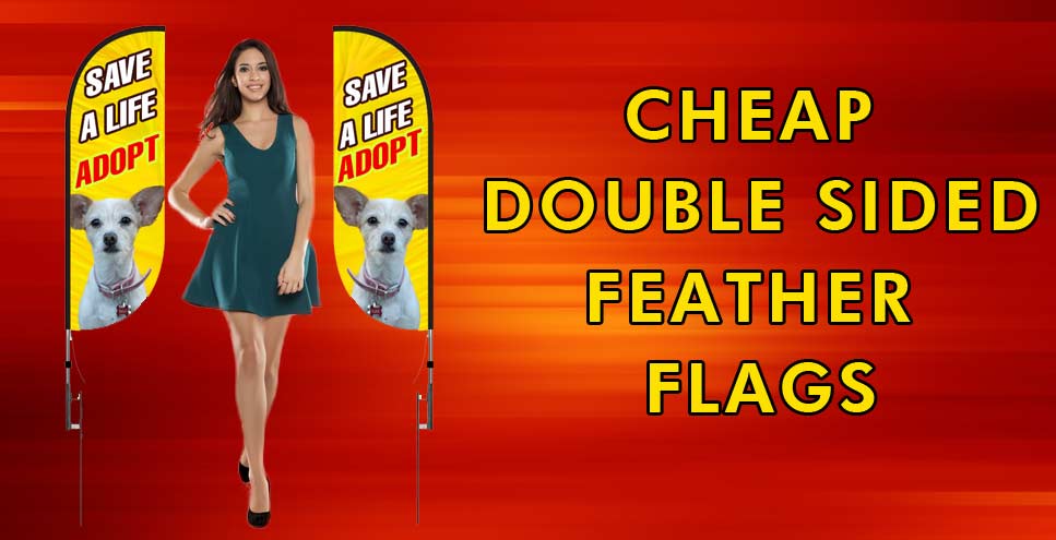 A woman standing in between two inexpensive flags with dogs on them