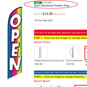 $59 special page with “open” feather flag