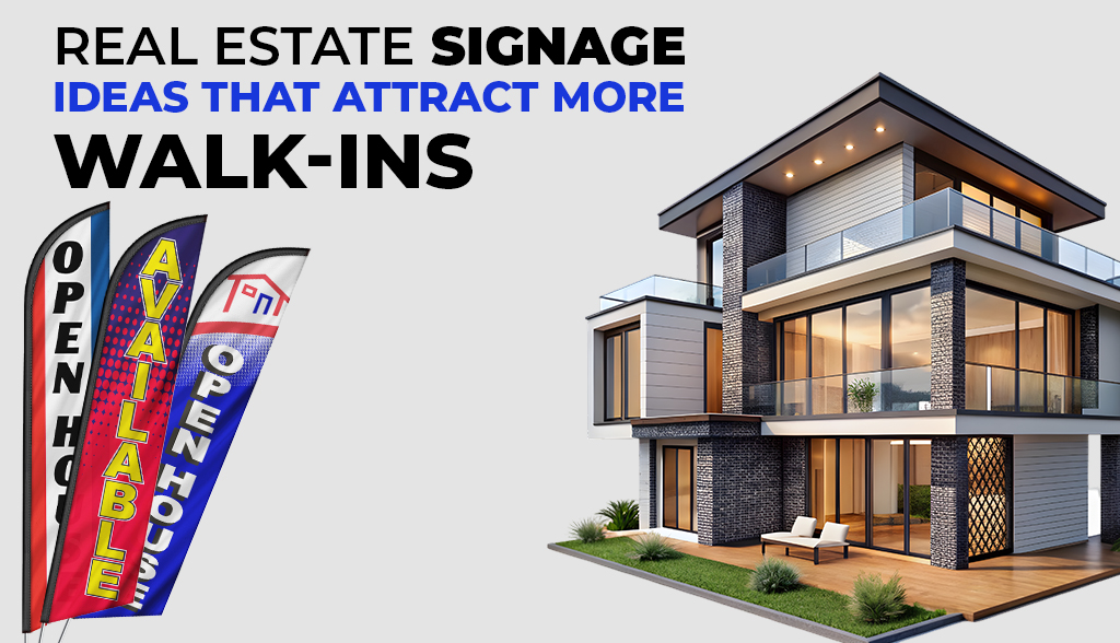 Real estate signage ideas featuring open house feather flags displayed in front of a modern home to attract walk-in buyers.
