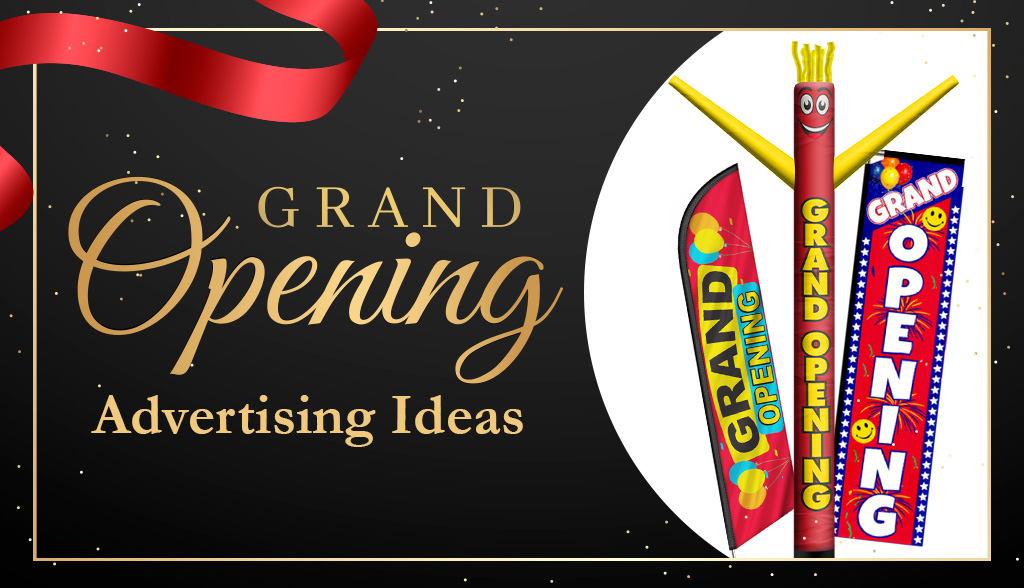 Retail Store Grand Opening Advertising Ideas That Attract Crowds 2 Feather flags and vinyl banners outside a retail store promoting a grand opening sale.