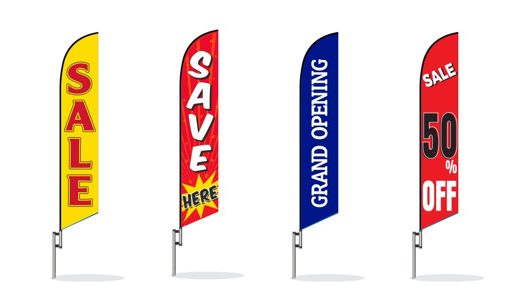 sale save feather flags using red blues and other attrative colors