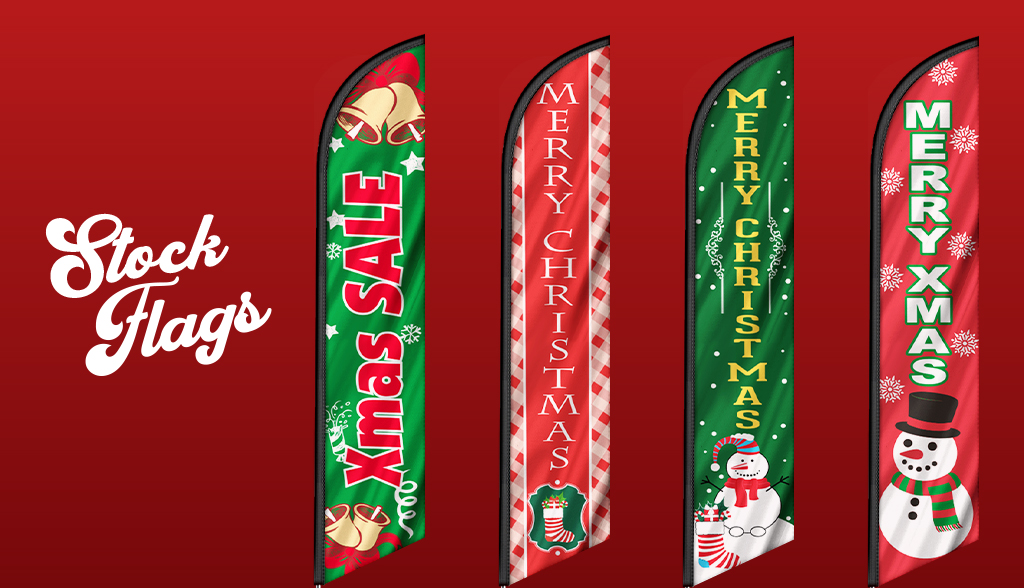 Set of stock Christmas feather flags including Merry Christmas and Xmas Sale designs, displayed on a red background