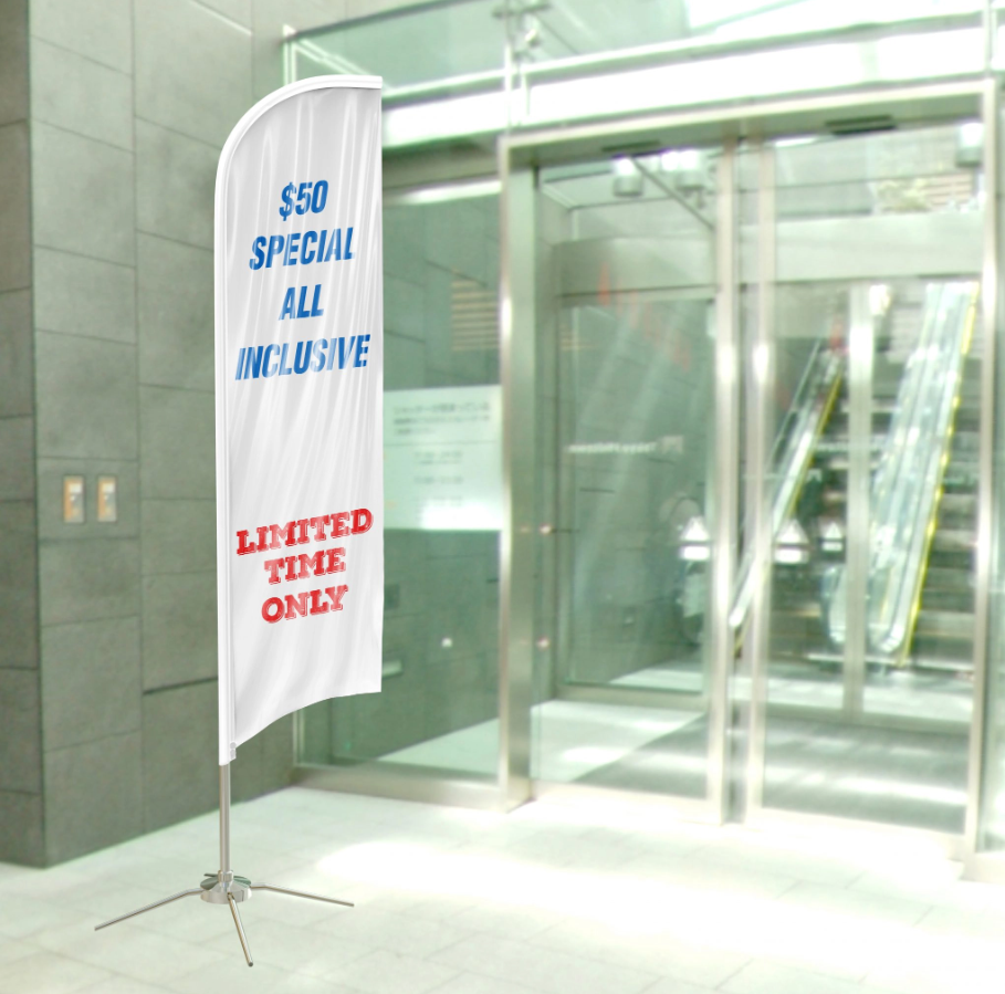 a white feather flag outside glass doors
