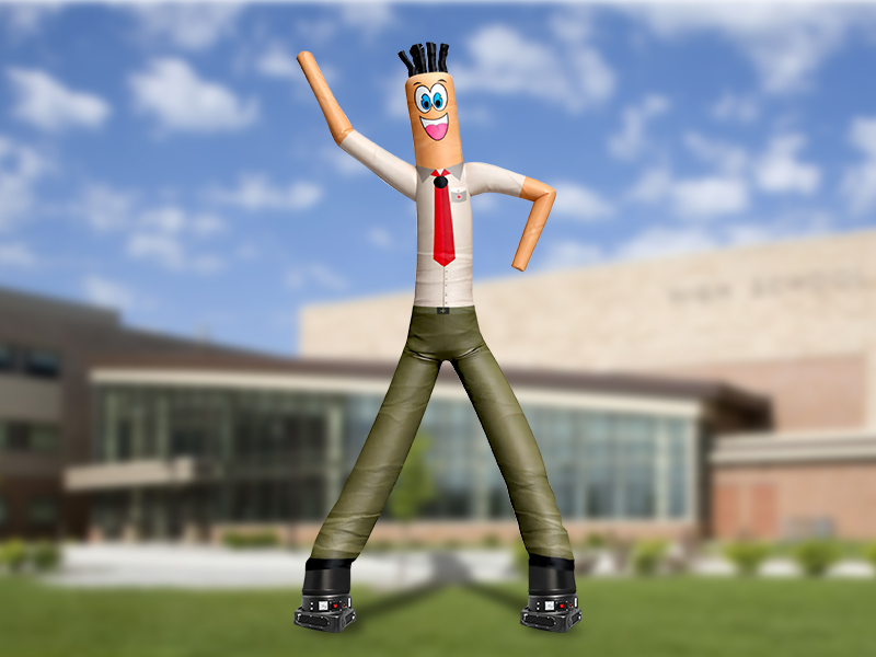 2-legged custom inflatable tube man standing approximately 22ft tall on blower for car lots events and high visibility advertising