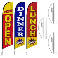 3 Multi Pack Lunch Dinner Now Open Special Feather Flag Kits (3 Flags + 3 Pole Kits + 3 Ground Spikes)