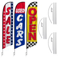 3 Pack Sale Used Cars Open Checkered Feather Flag Kits (3 Flags + 3 Pole Kits + 3 Ground Spikes)