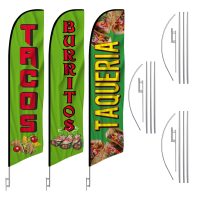 Tacos, Burritos, and Taqueria Feather Flags – 3-Pack with Hardware Kit