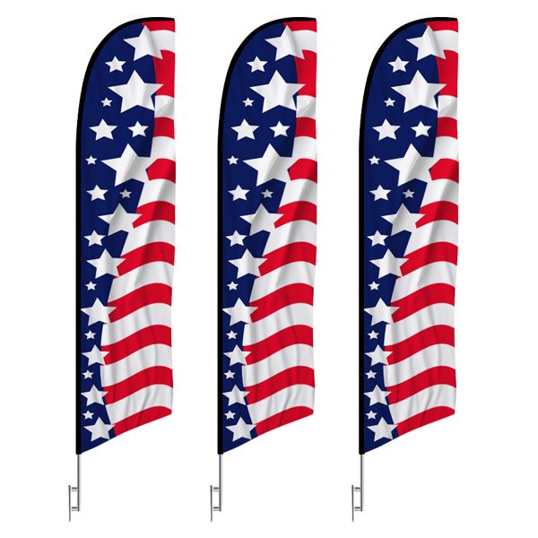 3-pack American Glory feather flags with red, white, and blue stars and stripes design for patriotic celebrations and events.