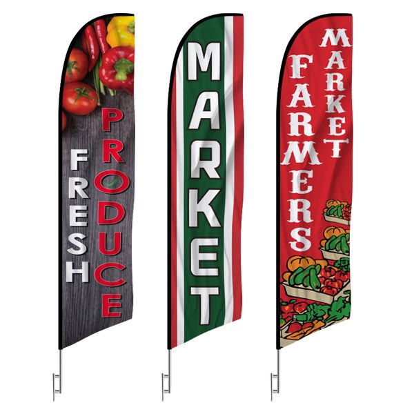 3-pack farmers market feather flags featuring Fresh Produce, Market, and Farmers Market designs with bold text and vibrant colors