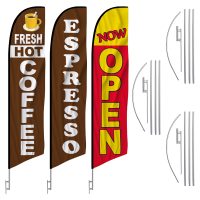 3 Pack Fresh Hot Coffee Now Open Feather Flag Kits (3 Flags + 3 Pole Kits + 3 Ground Spikes)