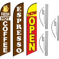 3 Pack Fresh Hot Coffee Now Open Feather Flag Kits (3 Flags + 3 Pole Kits + 3 Ground Spikes)