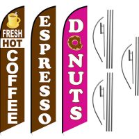 3 Pack Coffee Espresso Donuts Feather Flag Kits (3 Flags + 3 Pole Kits + 3 Ground Spikes)