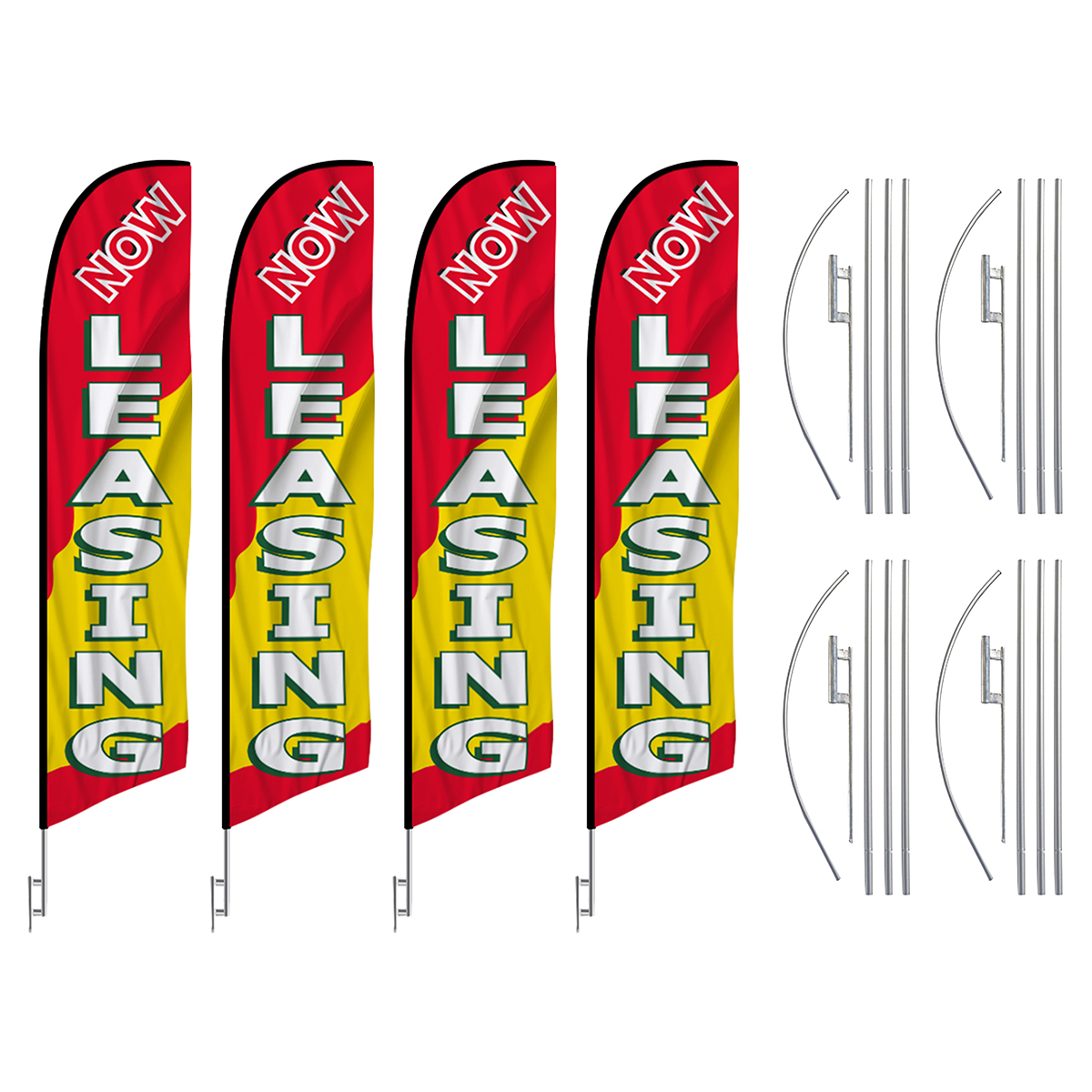 Now Leasing Feather Flag Package - Pack of 4 with Pre-Curved Poles & Ground Spike