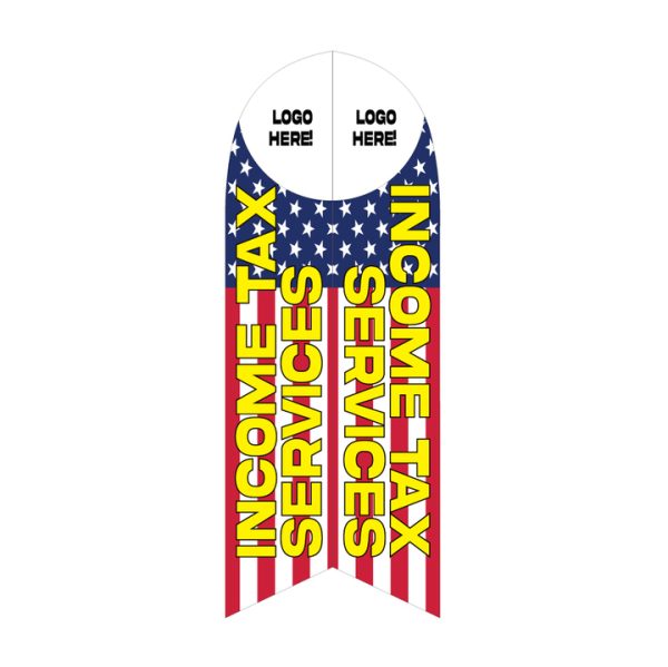 Patriotic Income Tax Services feather flag with stars-and-stripes background, bold yellow text, and space for adding your custom logo.