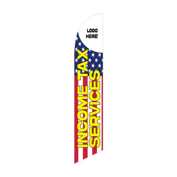 Patriotic Income Tax Services feather flag with stars-and-stripes background, bold yellow text, and space for adding your custom logo.