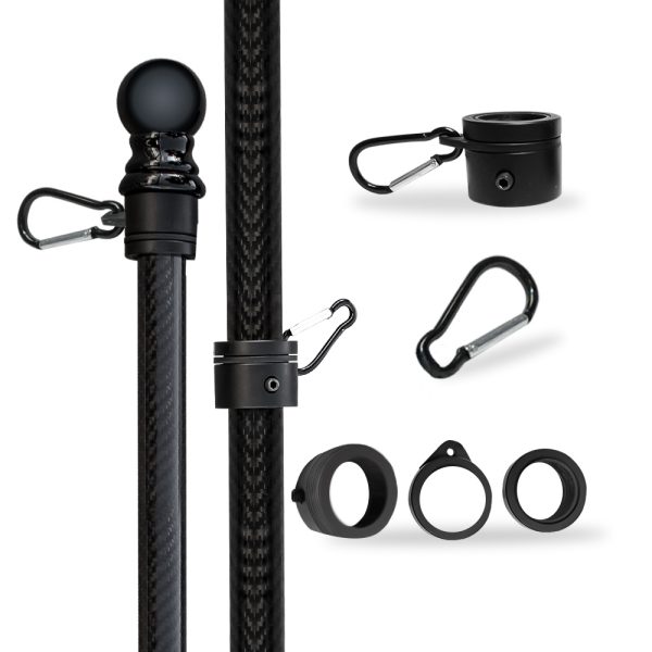 "5-foot black carbon fiber truck flagpole with grommet-compatible mounting accessories, including pole rings, carabiner clips, and a durable bracket for secure installation.