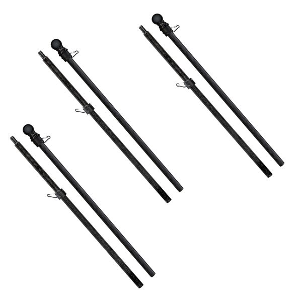 The image shows two sets of black carbon fiber flagpoles with multiple detachable sections. Each pole features a black ball finial at the top and metal clips for attaching a flag. The design suggests they are extendable or collapsible, with threaded connectors for assembly.