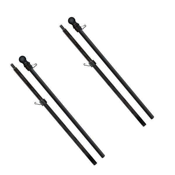 The image shows two black carbon fiber flagpoles with detachable sections. Each pole has a black ball finial at the top and metal clips for attaching a flag. The poles appear to be collapsible or extendable, as the sections can be screwed together.