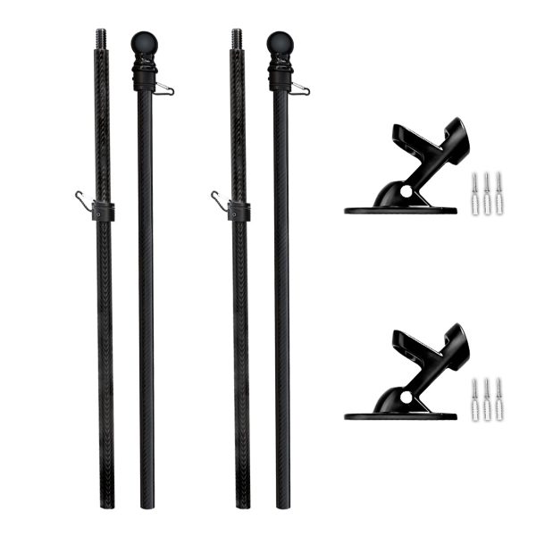 The image displays two black carbon fiber flagpoles with detachable sections, featuring black ball finials at the top and metal clips for attaching a flag. Additionally, the image includes two black flagpole mounting brackets and corresponding installation hardware, suggesting a setup for wall or surface mounting.