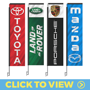 Auto dealership rectangle flags featuring Toyota, Mazda, Porsche, and Land Rover designs