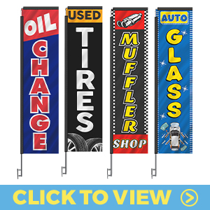 Auto repair rectangle flags for oil changes, tire shops, muffler, and glass repair services