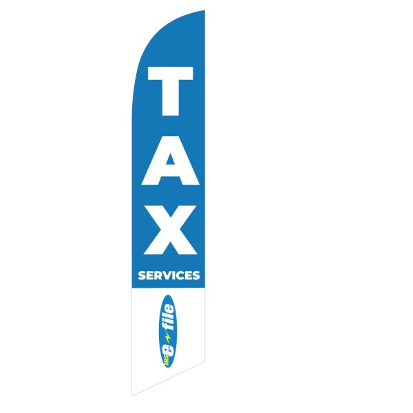 ight blue feather flag with bold white "TAX" text, "SERVICES" label, and "E-File" logos at the bottom, ideal for advertising tax services.