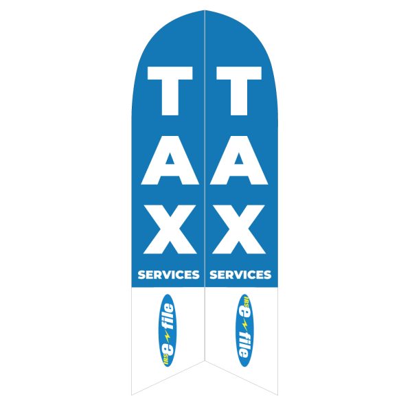 ight blue feather flag with bold white "TAX" text, "SERVICES" label, and "E-File" logos at the bottom, ideal for advertising tax services.