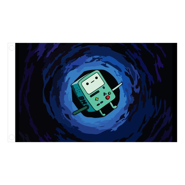 BMO Cosmic Portal Flag – 3x5 ft featuring BMO floating in a swirling cosmic vortex, printed on demand, perfect for gamers, collectors, and wall decor.