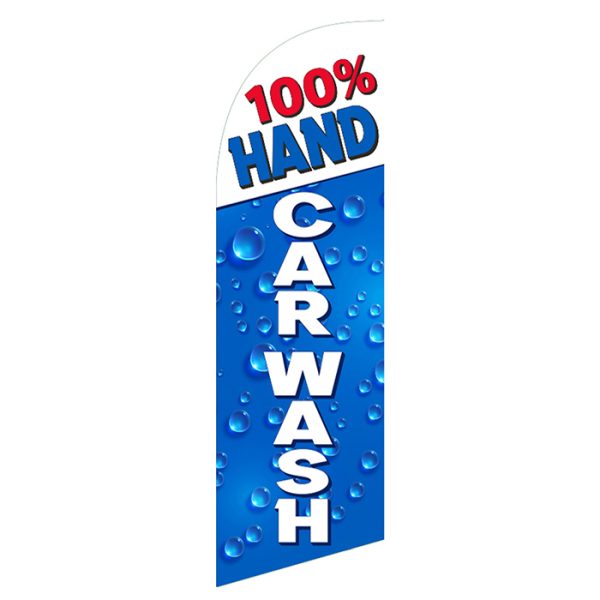 Blue feather flag with bold white text CAR WASH and 100% HAND in red and blue text featuring water droplets ideal for promoting hand car wash services.