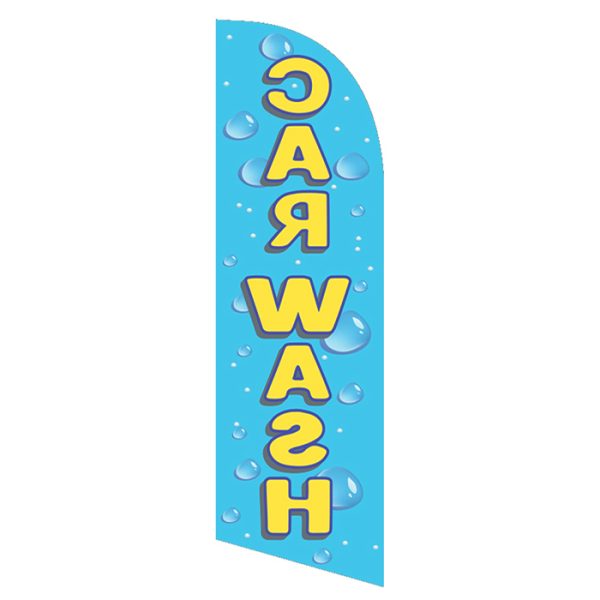 Bright blue car wash feather flag with yellow bold text featuring water droplets perfect for attracting attention to car wash services. back side