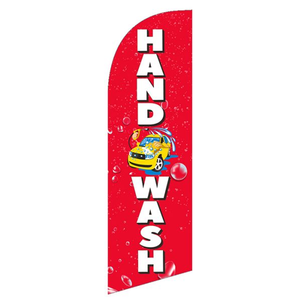 Bright red feather flag with bold white text HAND WASH and a cartoon yellow car being washed perfect for promoting hand wash car services.