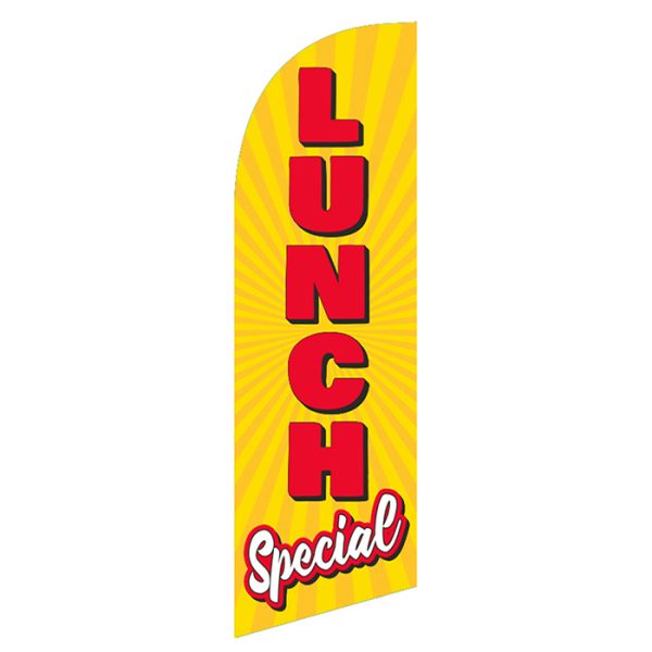 Bright yellow feather flag with bold red text LUNCH and white script Special perfect for promoting lunch deals and specials.