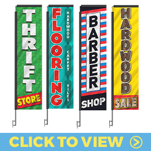 Thrift, flooring, barber, and hardwood sale rectangle flags – ideal for promoting local business storefronts