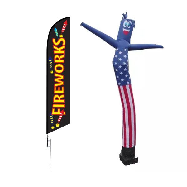 fireworks tube man and feather flag