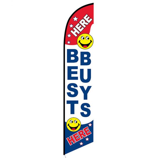 Here Best Buys Here feather flag