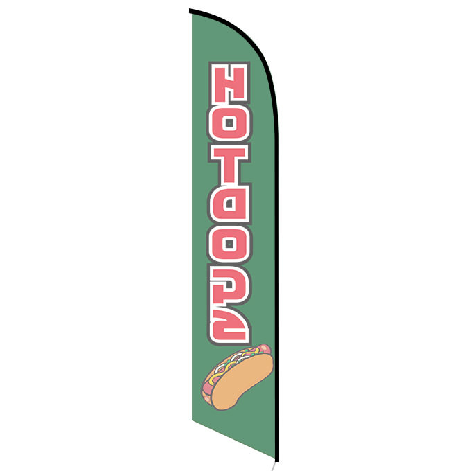 HOT DOGS Food Sale Swooper Banner Feather Flutter Bow Tall Curved Top Flag 