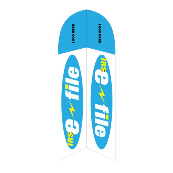 IRS e-File feather flag with blue and white design, yellow accents, and customizable logo placement option.