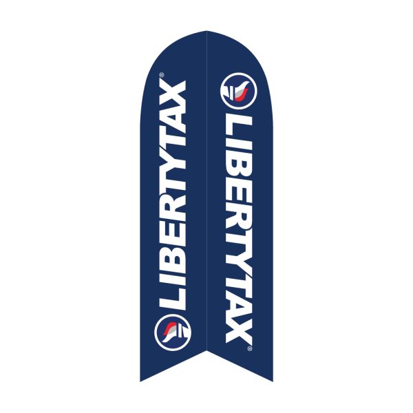 Navy blue Liberty Tax feather flag with bold white text and logo, ideal for enhancing business visibility.