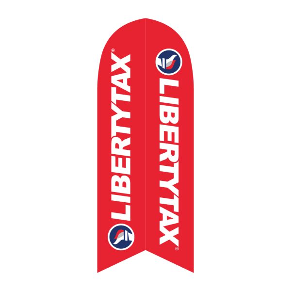 Red Liberty Tax feather flag with bold white text and logo, designed to attract attention and promote tax services.