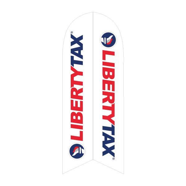 White Liberty Tax feather flag with bold blue text and logo, designed to attract attention and promote tax services.