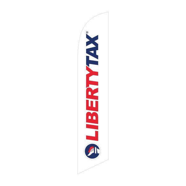 White Liberty Tax feather flag with bold blue text and logo, designed to attract attention and promote tax services.